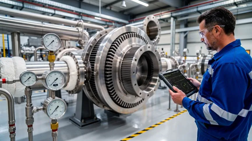 Industrial technician examining centrifugal compressor with diagnostic equipment