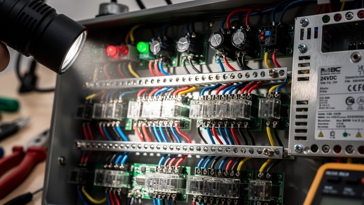 Inside view of Maestro Universal control panel with wiring and I/O modules