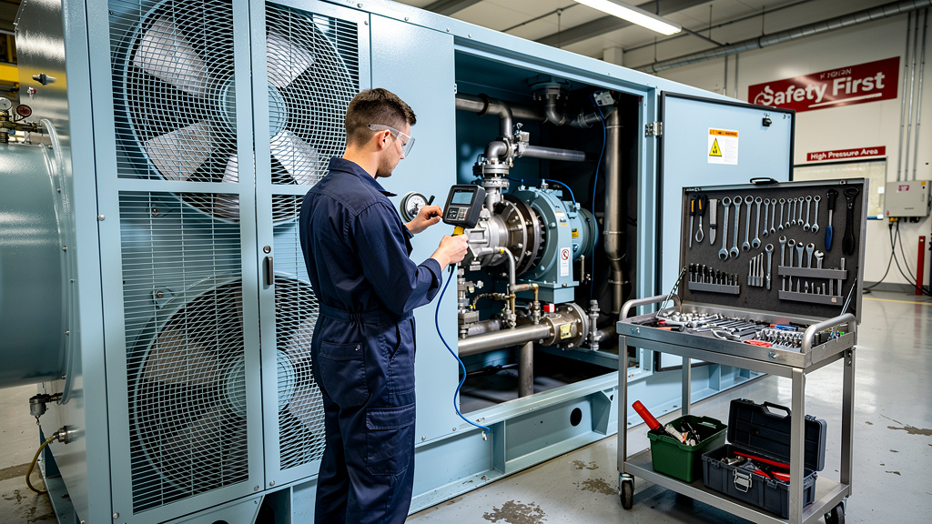 Technician performing preventive maintenance on air compressor
