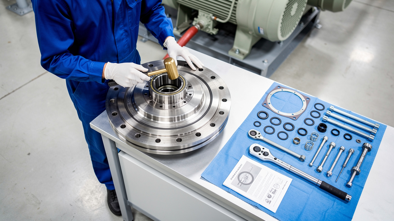 Technician carefully installing new compressor seal cartridge