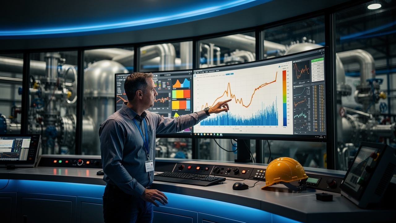 Engineer monitoring compressor cooler performance trends on digital dashboard