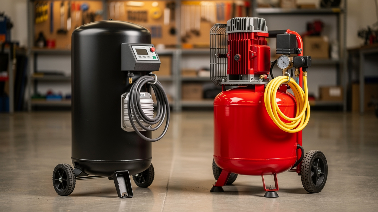 Two vertical air compressors compared side by side in workshop