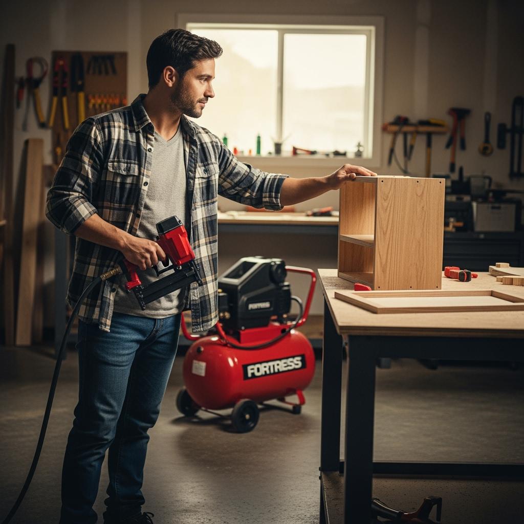 A person in their late 30s, wearing jeans and a plaid shirt, standing in a clean and organized home garage workshop. In the background, a new, red Fortress air compressor is visible next to a workbench
