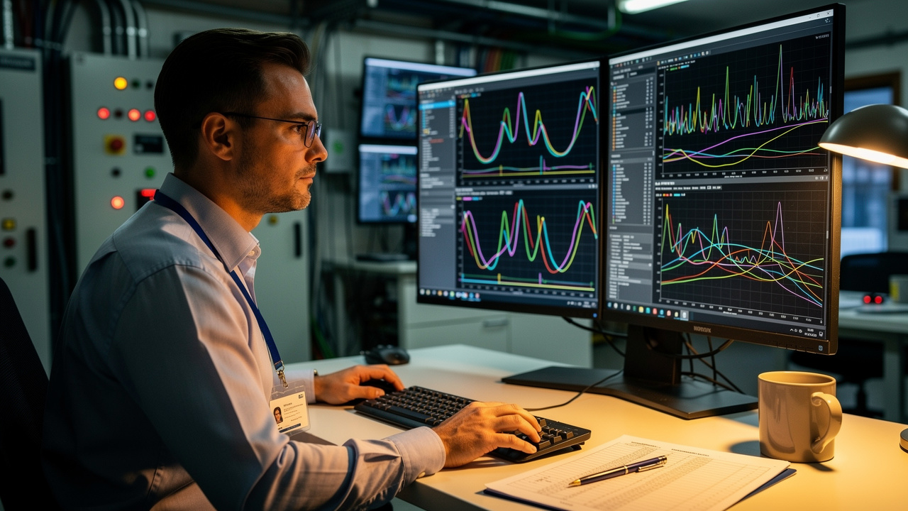 Engineer monitoring IIoT vibration data on control room dashboard