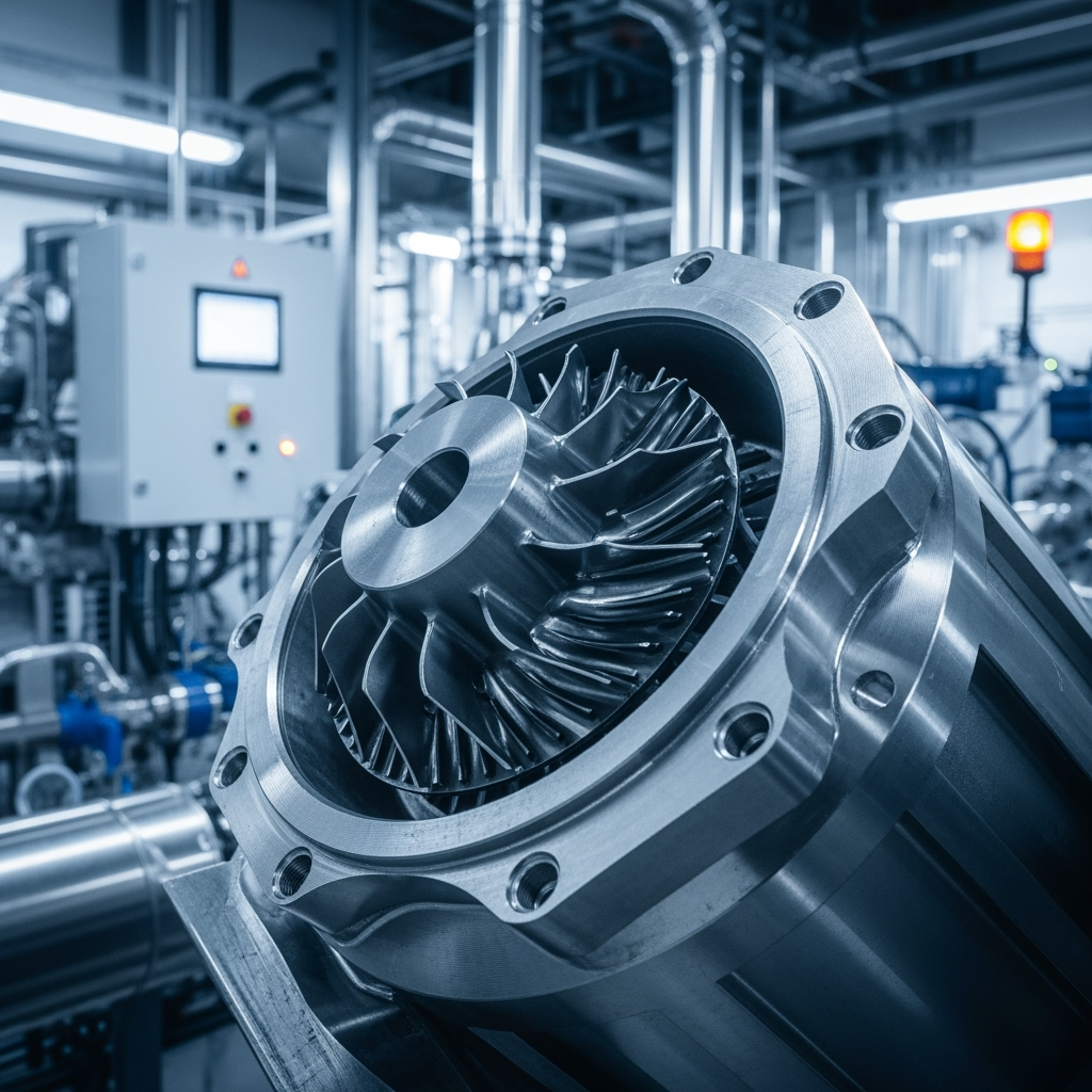high-detailshot of a 5-axis milled titanium centrifugal compressor part