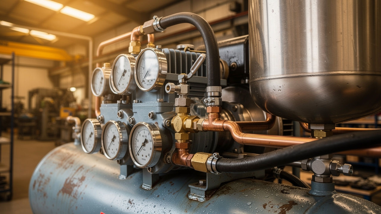 Close-up of industrial air compressor with pressure gauges and pipes
