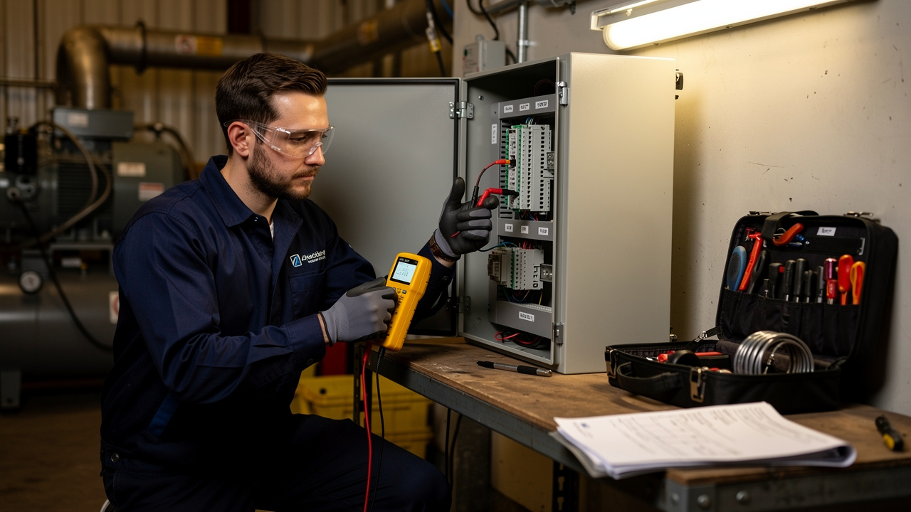 Technician measuring voltage inside air compressor control panel