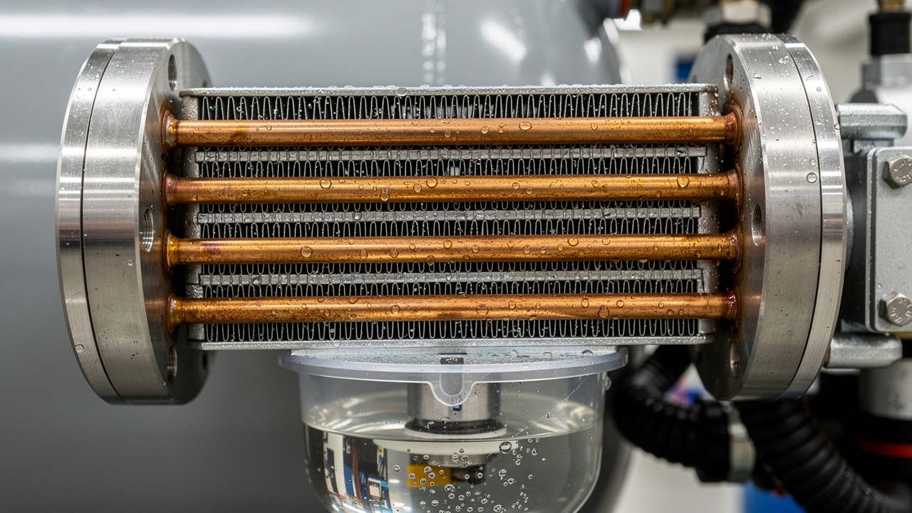 Aftercooler heat exchanger with moisture separator on air compressor