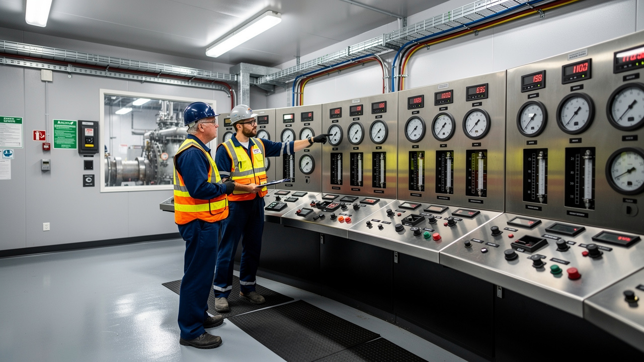 Operators monitoring controls inside natural gas compressor station control room