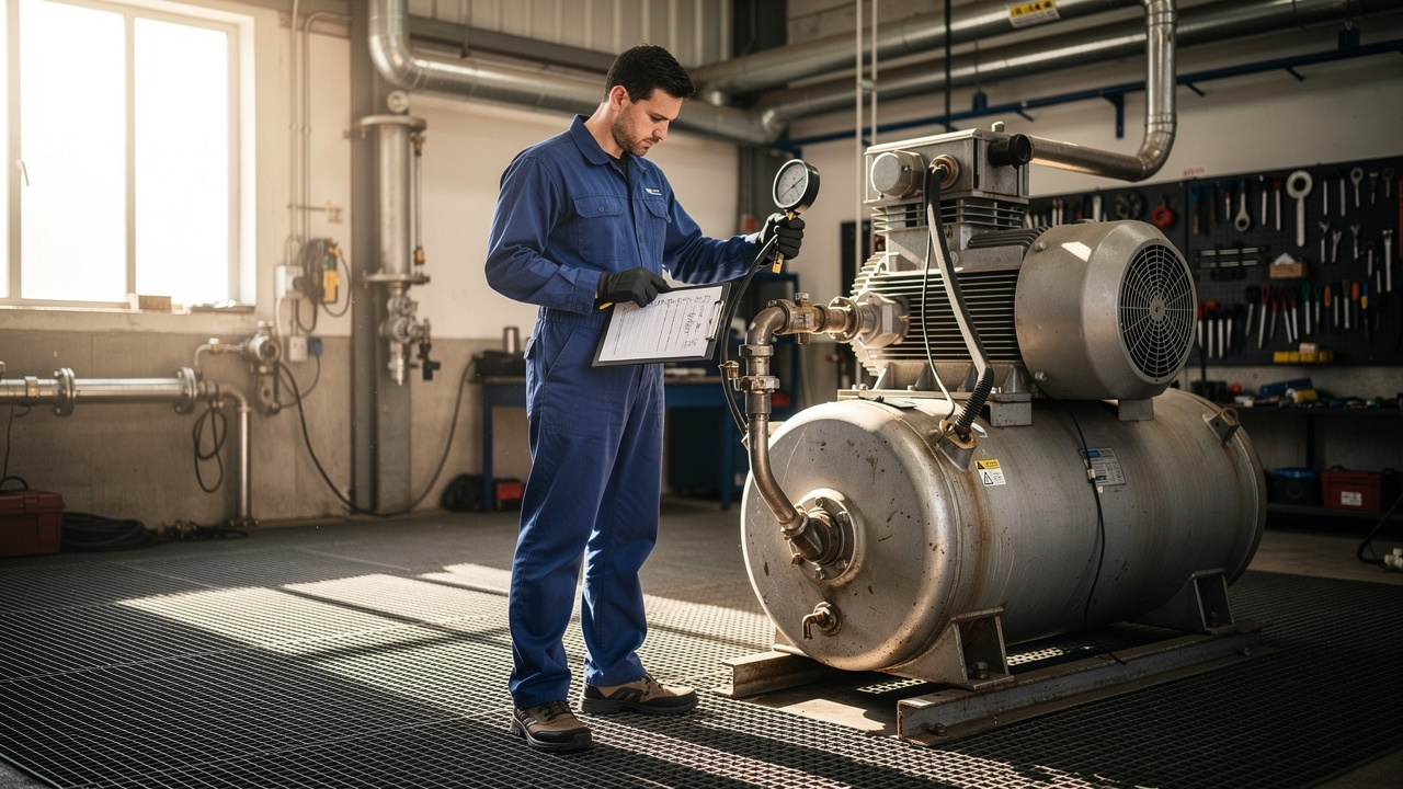 Technician inspecting fixed-speed industrial air compressor