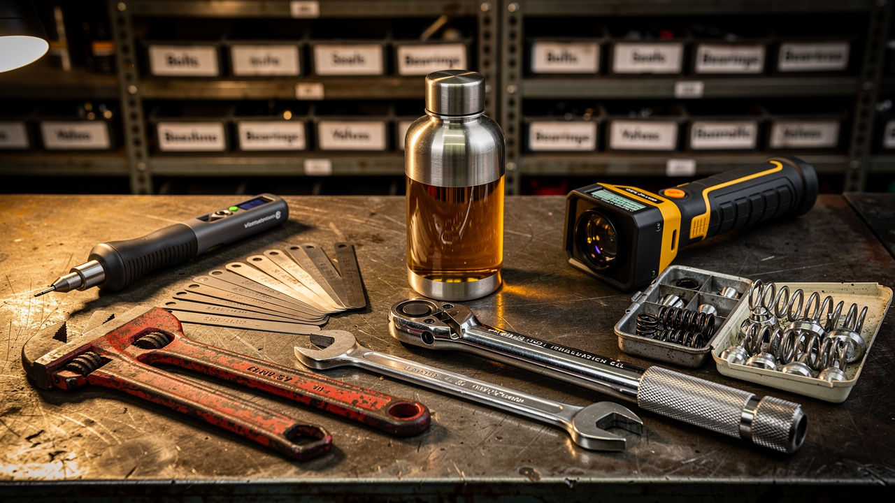 Industrial compressor maintenance tools and oil analysis equipment on workbench