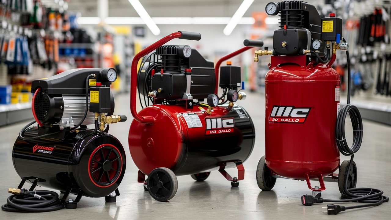 Three air compressor models showing small medium and large sizes