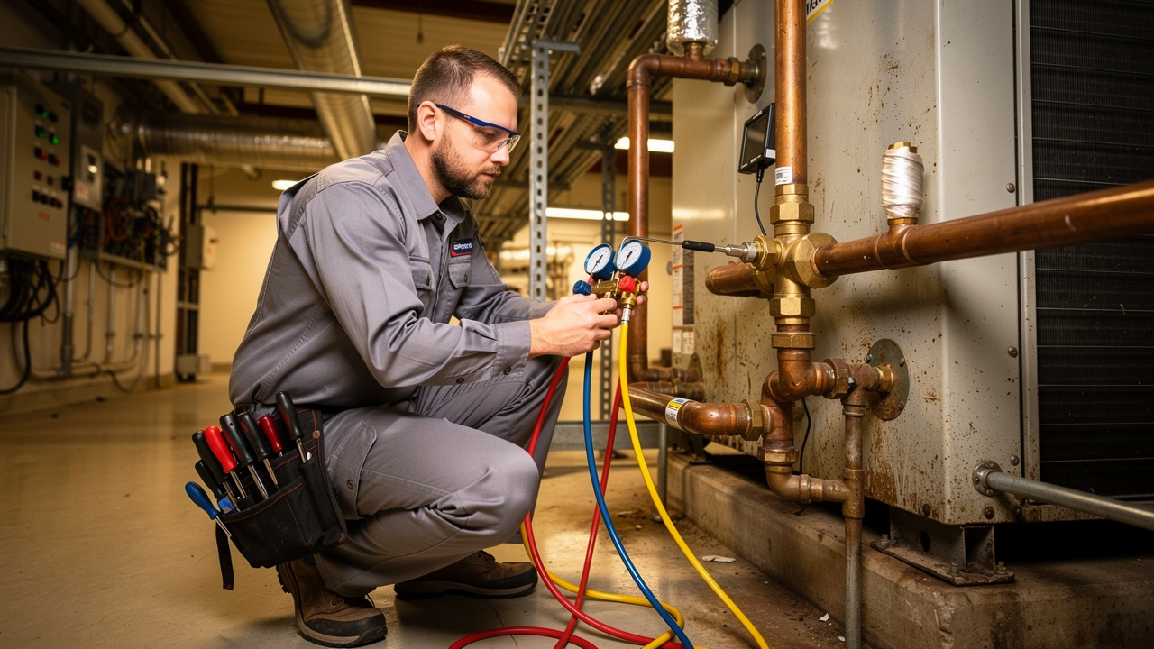 HVAC technician measuring superheat on industrial refrigeration system