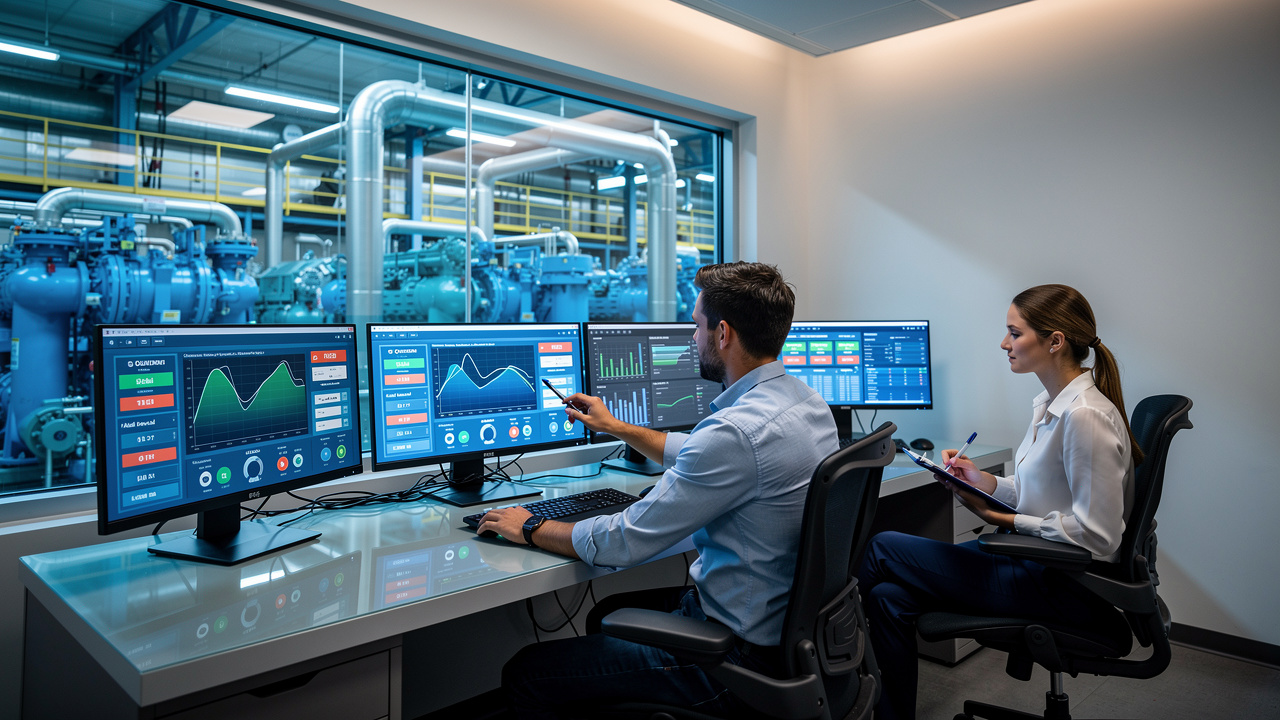 Engineers monitoring compressor energy data on SCADA control room screens