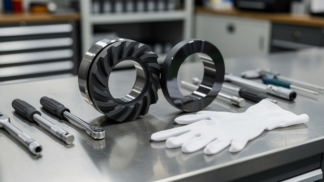 Dry gas seal cartridge with spiral groove faces on workbench