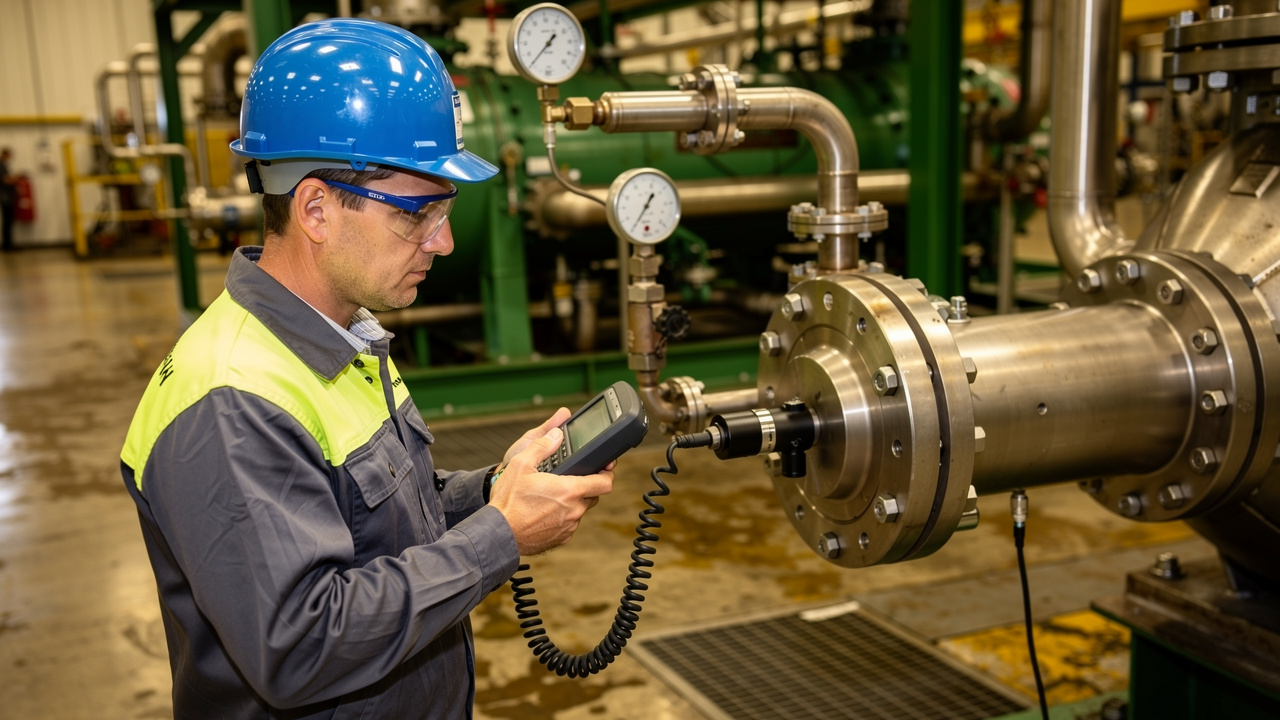 Engineer placing vibration sensor on compressor bearing housing