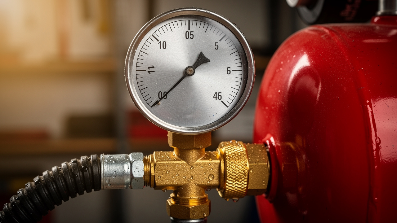 Close-up of air compressor pressure gauge and brass manifold