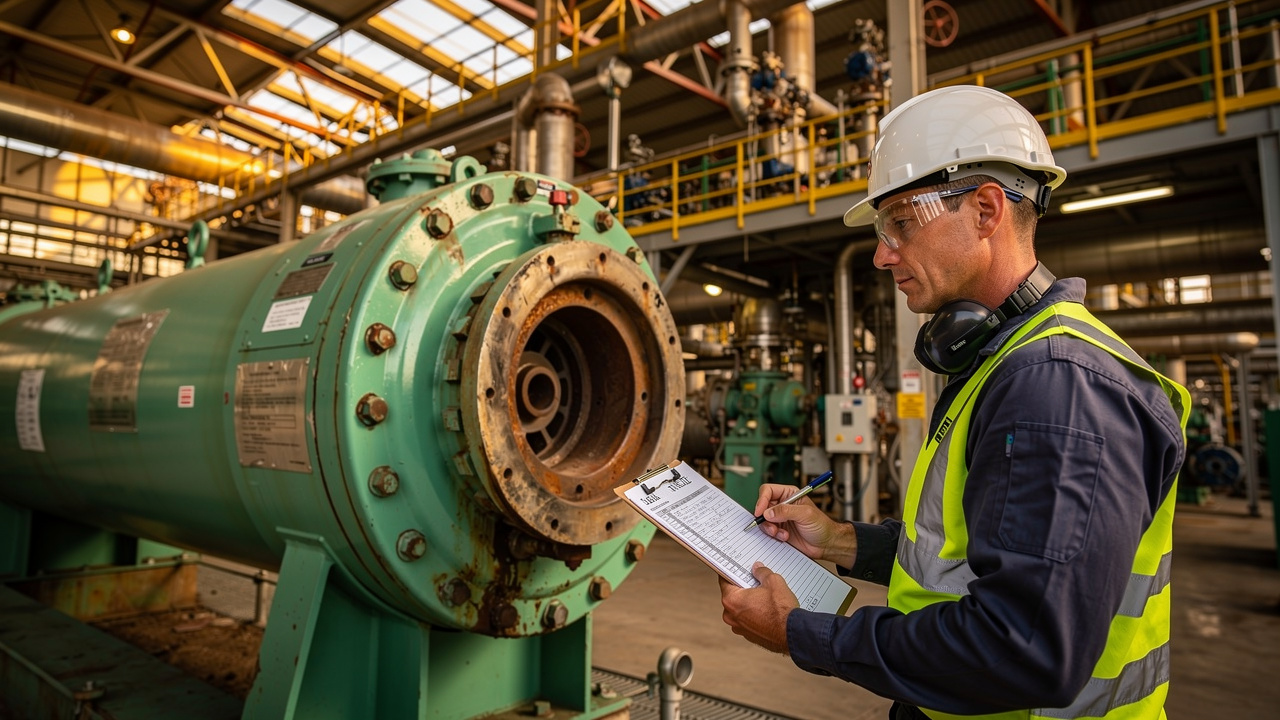 Engineer performing diagnostic inspection of compressor seal system
