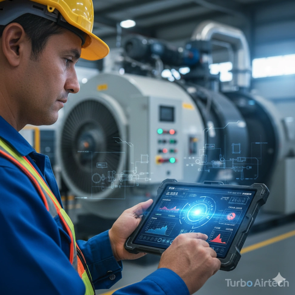 technician using a tablet to analyze real-time data from an industrial air compressor