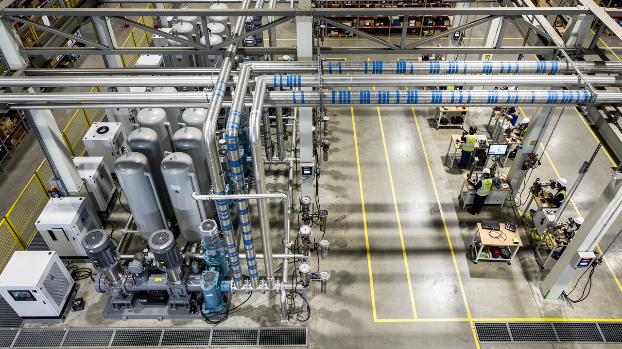 Plant floor overview showing compressed air supply and demand network