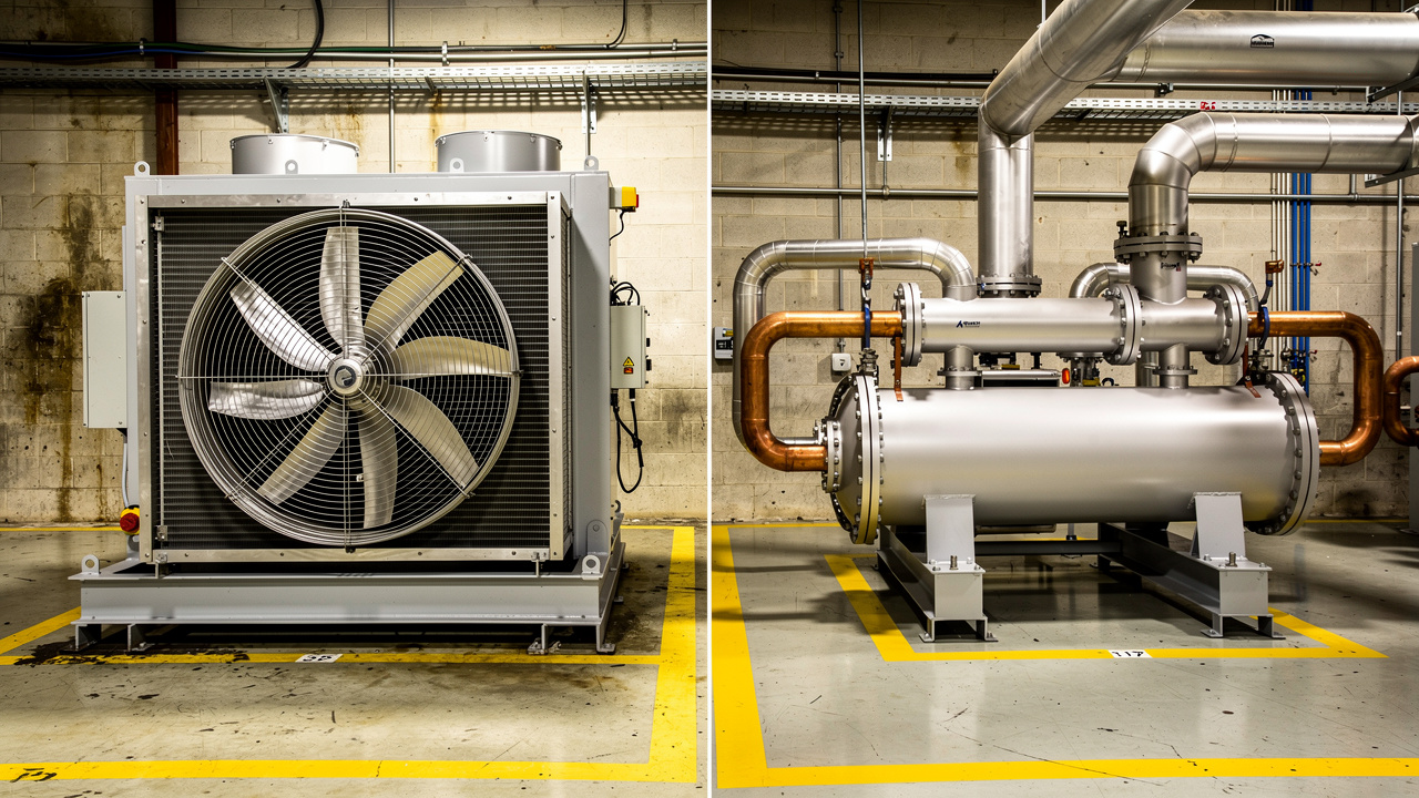 Air-cooled and water-cooled aftercooler units side by side in plant