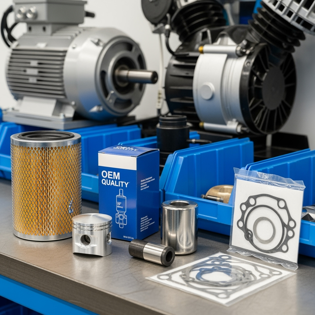 high-quality air compressor replacement parts neatly arranged on a workbench or in organized shelving bins.