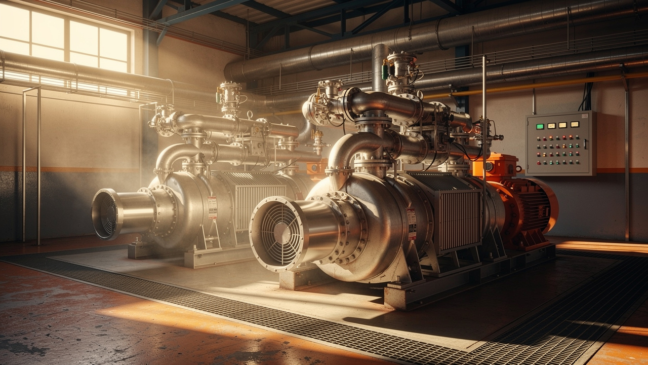 Industrial centrifugal compressor room with intercoolers and aftercoolers visible