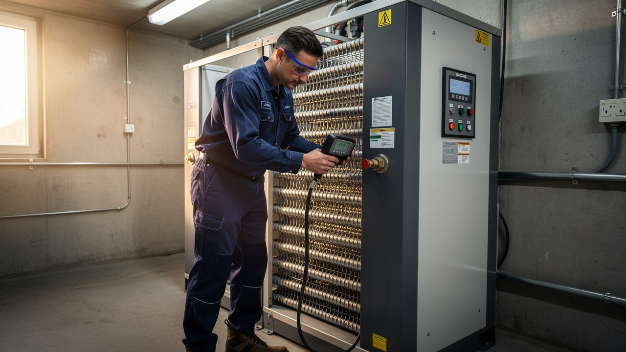 Technician performing maintenance on a refrigerated air dryer