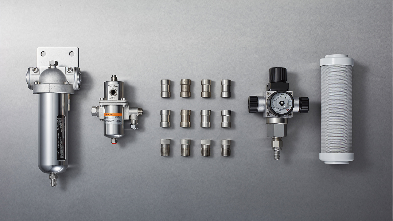 Compressed air filtration components arranged on workbench