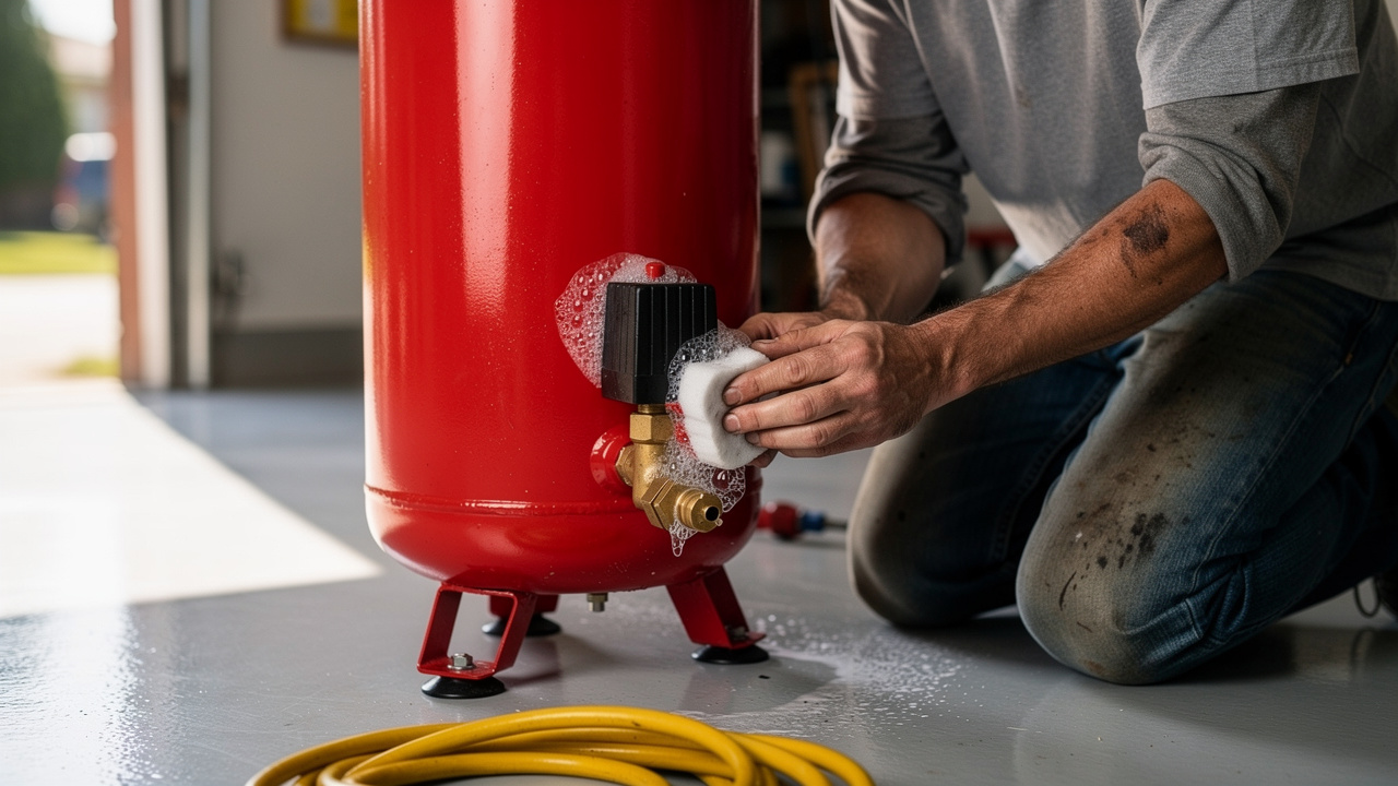 Person performing soapy water leak test on air compressor fittings
