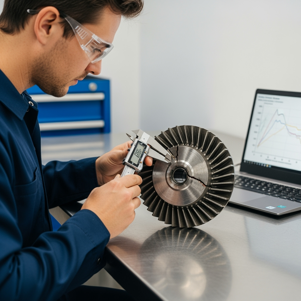A reliability engineer, wearing safety glasses and a professional navy-blue work uniform, is closely examining a damaged compressor impeller on a clean, stainless-steel workbench