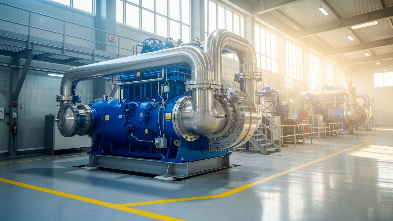 Large centrifugal air compressor installed in modern industrial facility