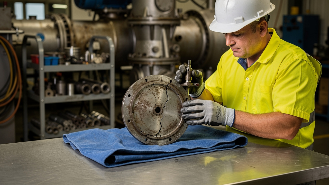Technician inspecting worn reciprocating compressor valve plate