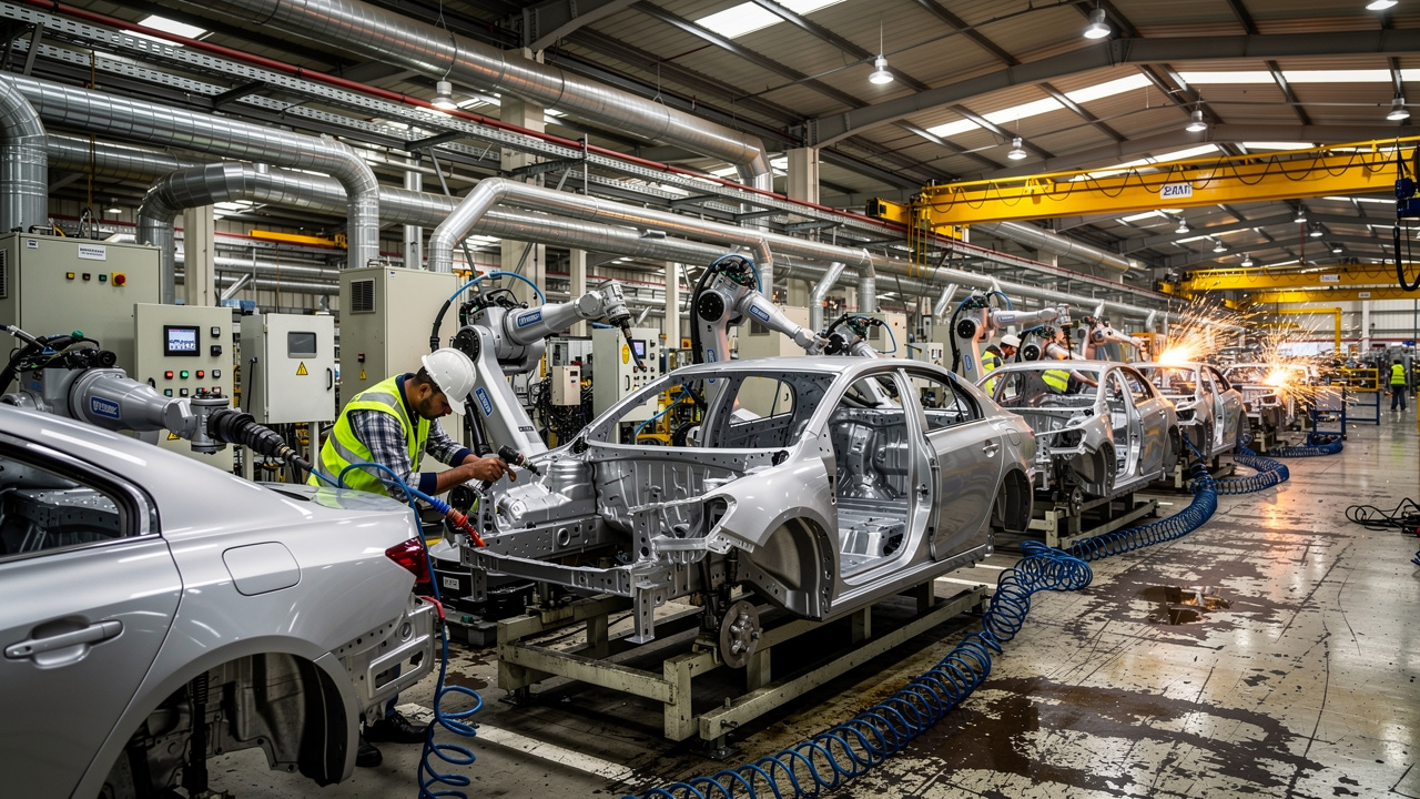 Automotive assembly line workers using pneumatic air-powered tools