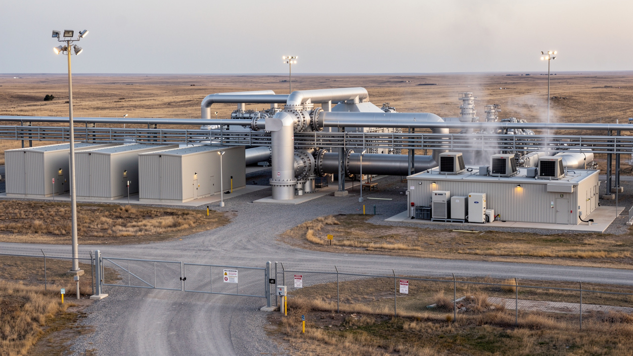 Aerial view of natural gas compressor station pipeline layout