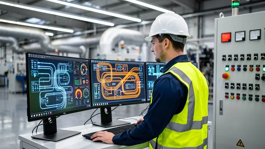 Engineer monitoring industrial processes at modern control workstation