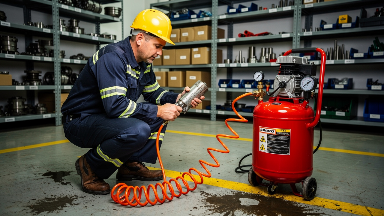Maintenance technician using portable air compressor in industrial facility