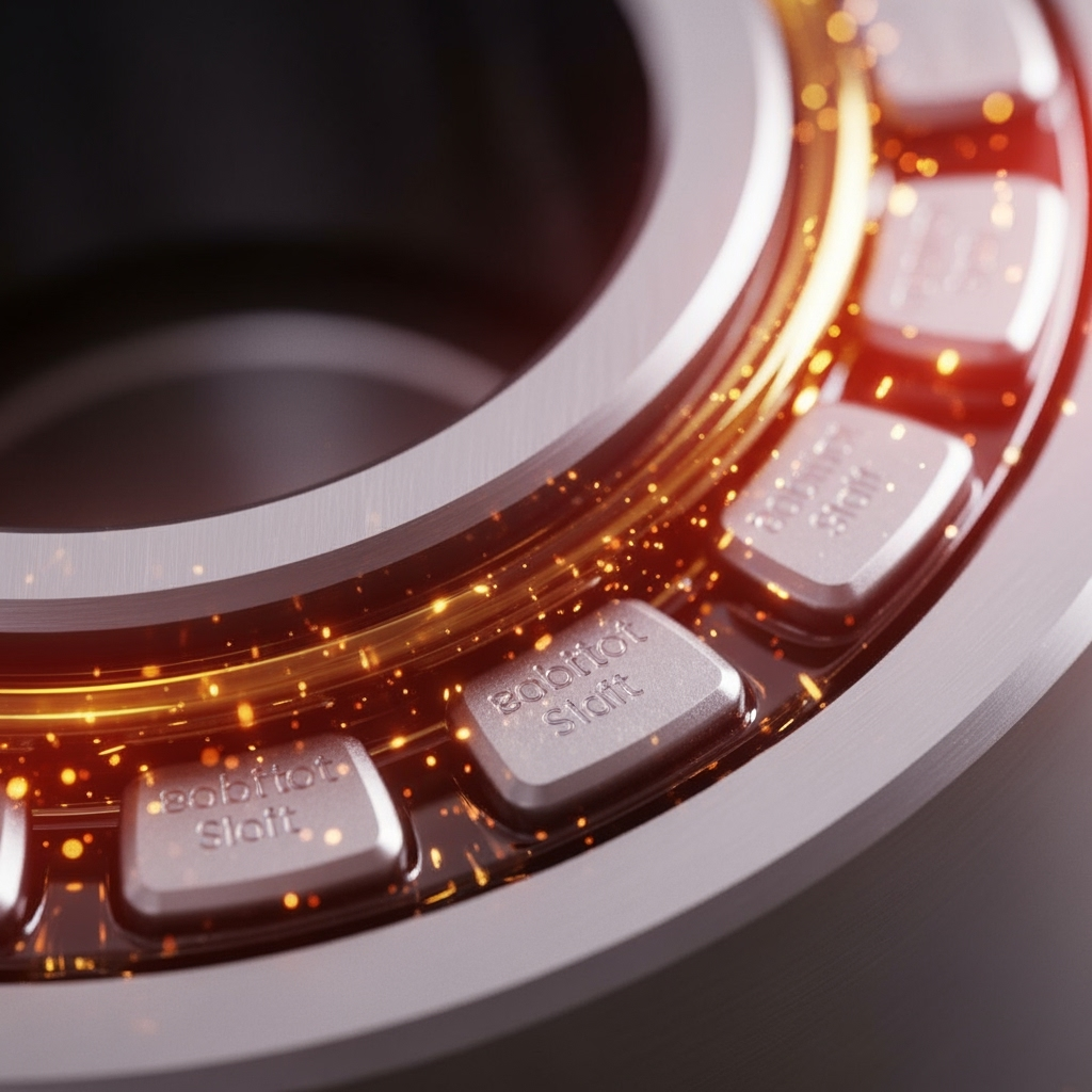 tilting pad thrust bearing in operation. The individual Babbitt-faced pads are visible, separated from the high-speed rotating steel collar by a micro-thin, shimmering film of oil