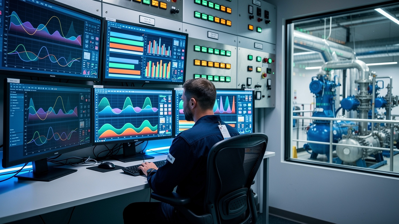 Engineer monitoring compressed air system data in control room