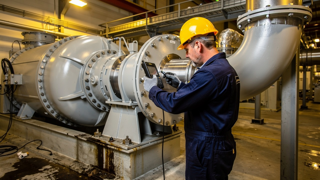 Maintenance technician performing vibration analysis on centrifugal compressor