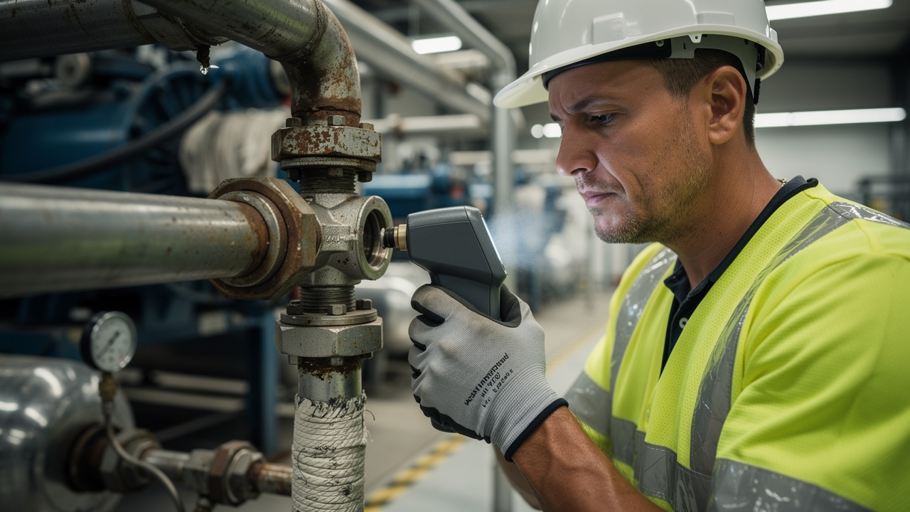 Engineer using ultrasonic detector to find compressed air leaks